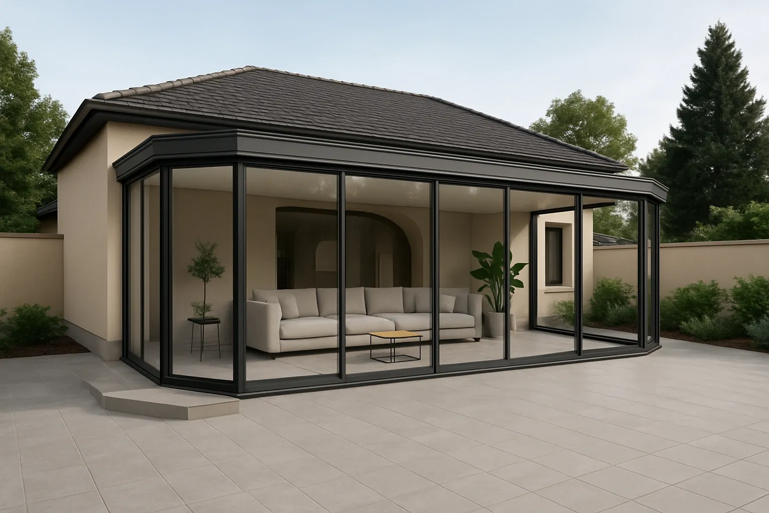 Véranda aluminium noire sur mesure ouverte sur le jardin