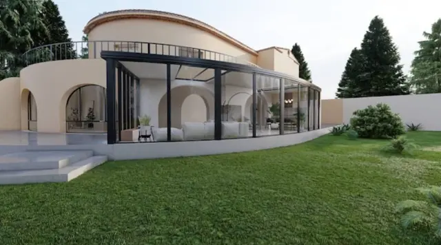 Projet 3D : véranda arrondie épousant une façade courbe
