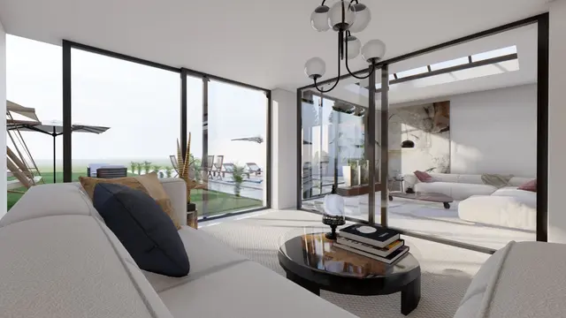 Projet 3D : intérieur d’une véranda à toit plat meublée en salon